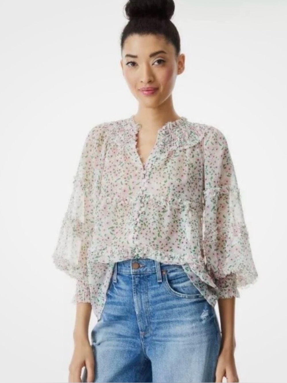 Alice + Olivia Margery Pink Floral Print Sheer Blouse Size XL